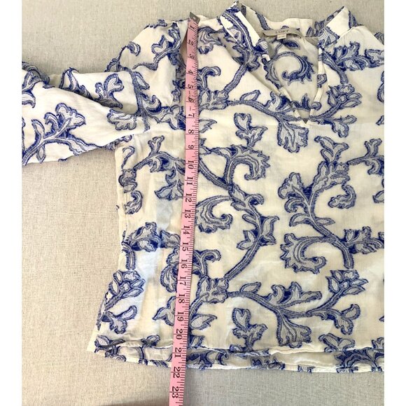 Loft Petites White & Blue Embroidered Long Sleeve Blouse Large P - Picture 6 of 9